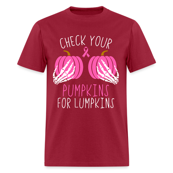 Check Your Pumpkins for Lumpkins Breast Cancer Awareness Month T Shirt - dark red