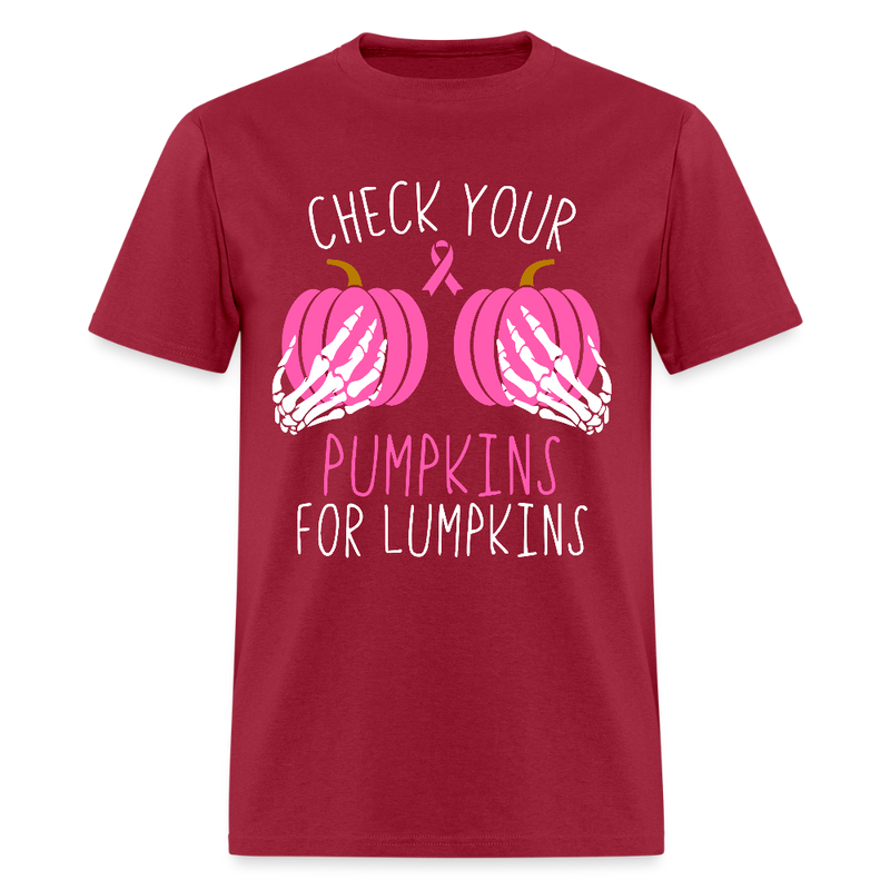Check Your Pumpkins for Lumpkins Breast Cancer Awareness Month T Shirt - dark red