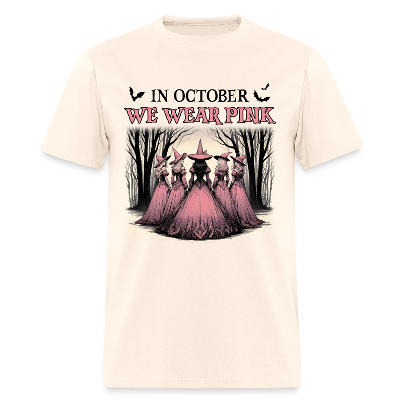 In October We Wear Pink Halloween Witches Breast Cancer Awareness Month T Shirt - natural