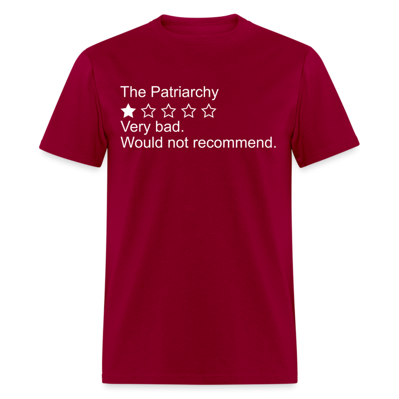 The Patriarchy Bad Review T Shirt - dark red