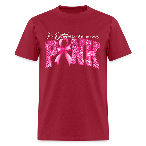 Pink Ribbon 3D Faux Glitter Breast Cancer Awareness Month T Shirt - dark red