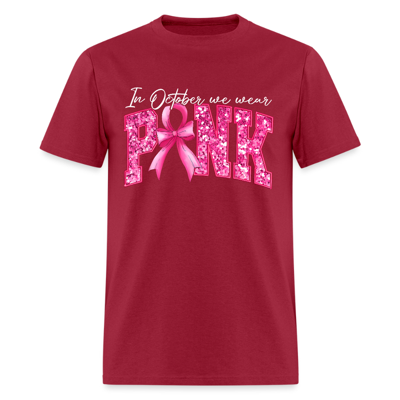 Pink Ribbon 3D Faux Glitter Breast Cancer Awareness Month T Shirt - dark red