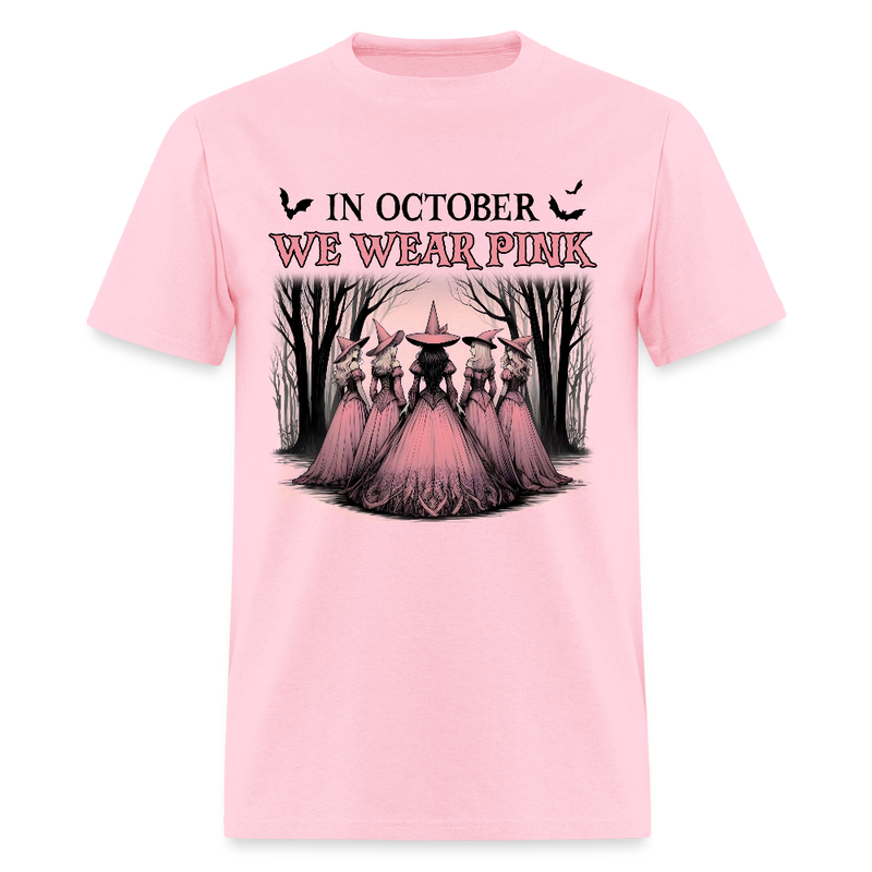 In October We Wear Pink Halloween Witches Breast Cancer Awareness Month T Shirt - pink