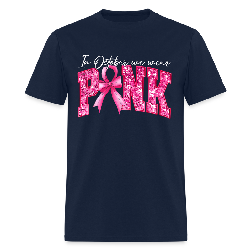 Pink Ribbon 3D Faux Glitter Breast Cancer Awareness Month T Shirt - navy