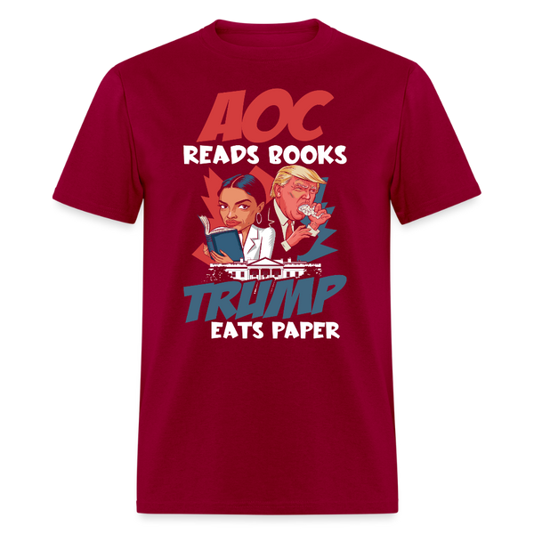 AOC Reads Books Trump Eats Paper T Shirt - dark red