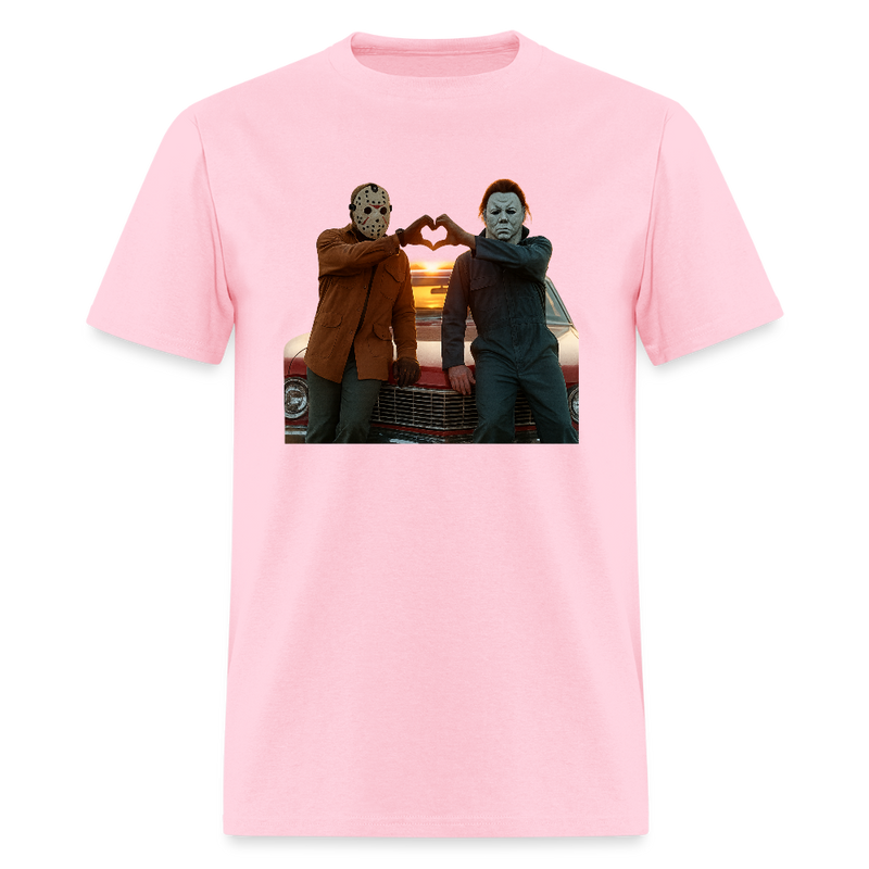 Michael and Jason Heart Hands Halloween T Shirt - pink