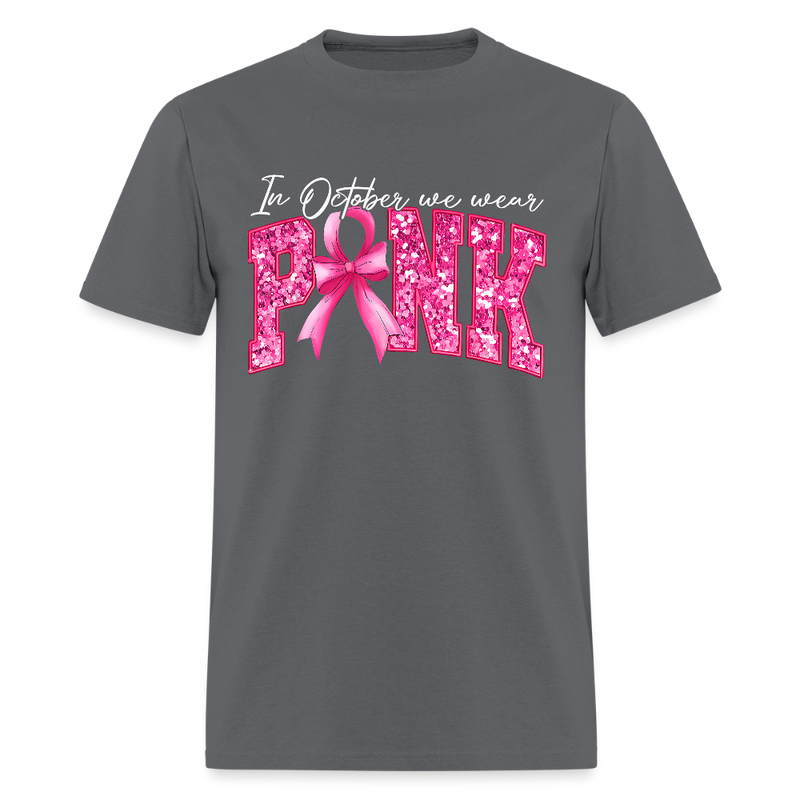 Pink Ribbon 3D Faux Glitter Breast Cancer Awareness Month T Shirt - charcoal