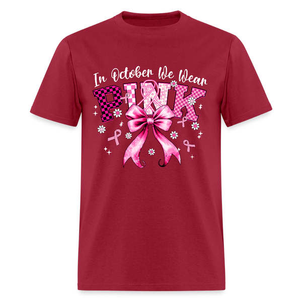 In October We Wear Pink Retro Breast Cancer Awareness Month T Shirt - dark red