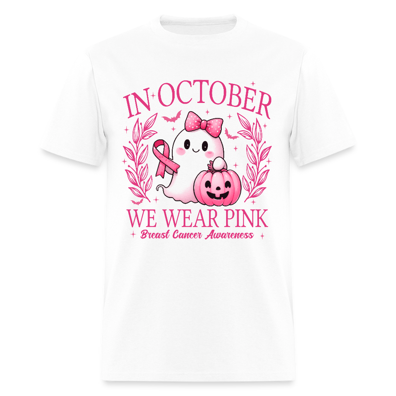 In October We Wear Pink Breast Cancer Awareness T Shirt - white