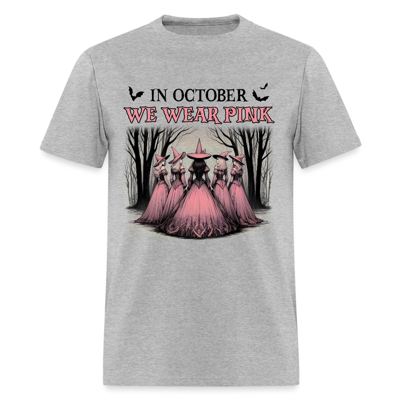 In October We Wear Pink Halloween Witches Breast Cancer Awareness Month T Shirt - heather gray