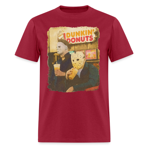 Michael and Jason Dunkin Donuts Halloween T Shirt - dark red
