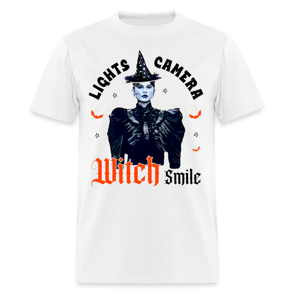Lights Camera Witch Smile T Shirt - white
