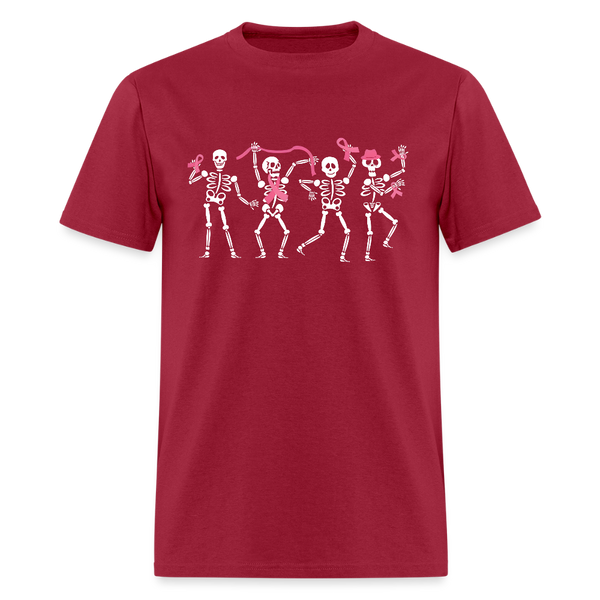 Dancing Skeletons Pink Ribbon Breast Cancer Awareness Month T Shirt - dark red