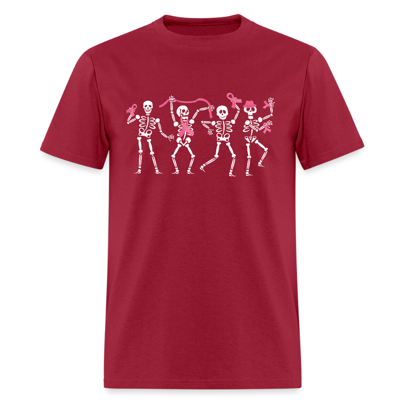 Dancing Skeletons Pink Ribbon Breast Cancer Awareness Month T Shirt - dark red