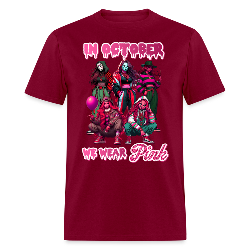 In October We Wear Pink T Shirt - burgundy