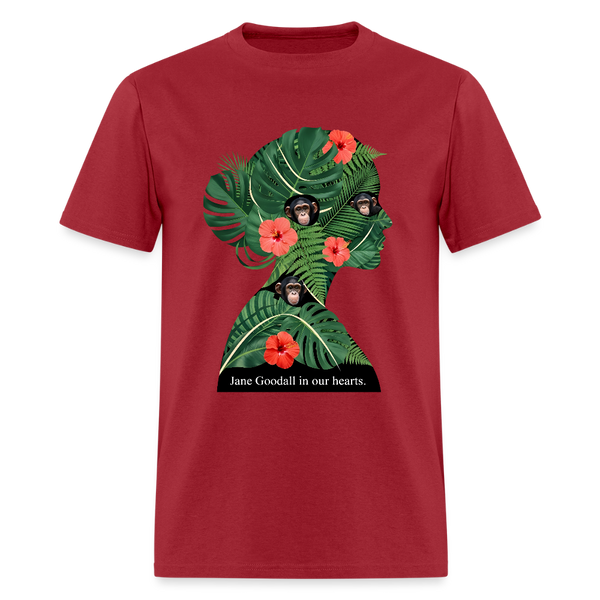 Jane Goodall In Our Hearts T Shirt - dark red