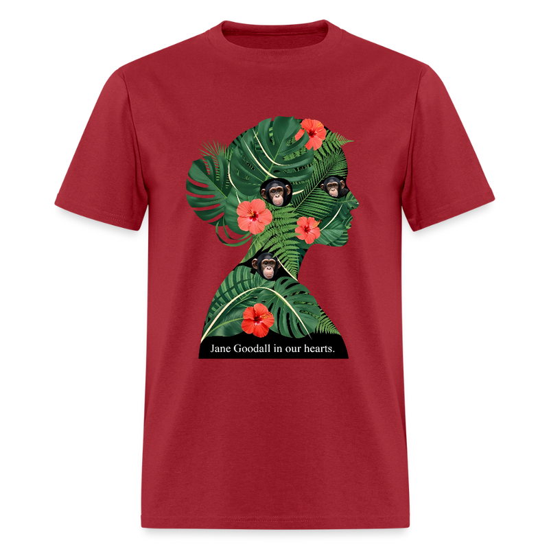 Jane Goodall In Our Hearts T Shirt - dark red