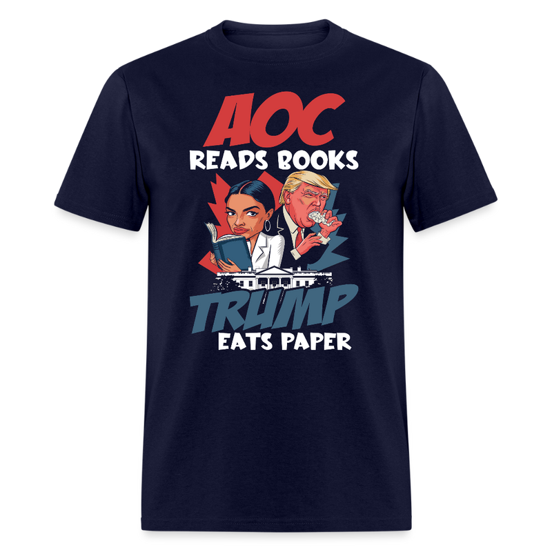 AOC Reads Books Trump Eats Paper T Shirt - navy
