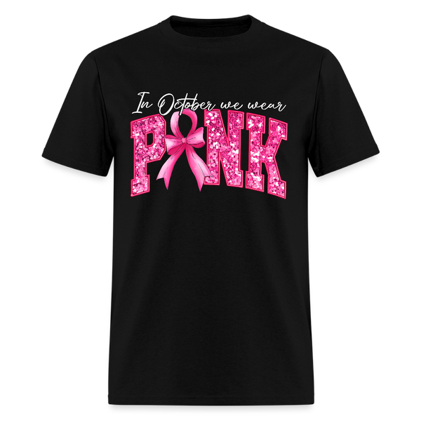 Pink Ribbon 3D Faux Glitter Breast Cancer Awareness Month T Shirt - black