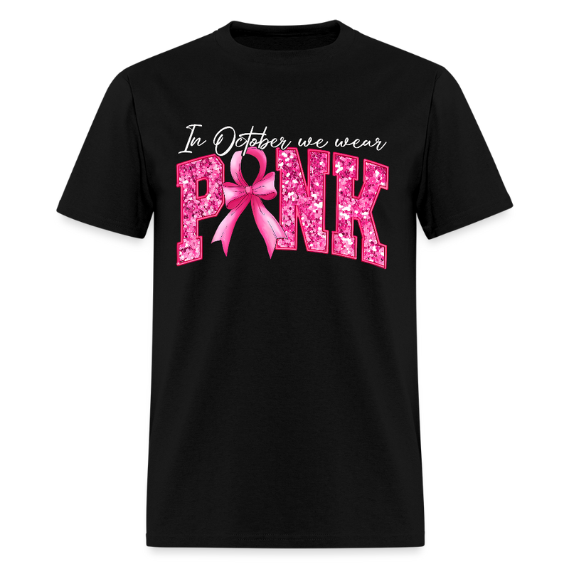 Pink Ribbon 3D Faux Glitter Breast Cancer Awareness Month T Shirt - black