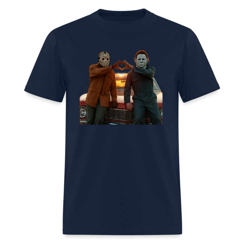 Michael and Jason Heart Hands Halloween T Shirt - navy