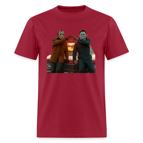 Michael and Jason Heart Hands Halloween T Shirt - dark red