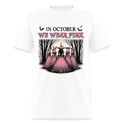 In October We Wear Pink Halloween Witches Breast Cancer Awareness Month T Shirt - white