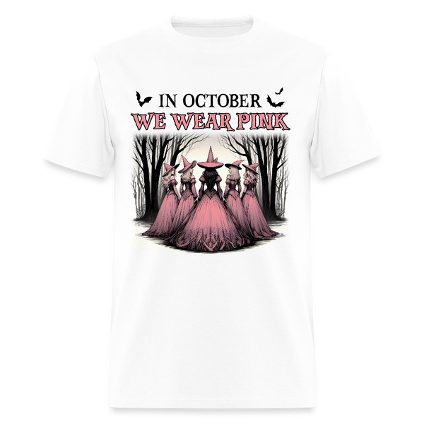 In October We Wear Pink Halloween Witches Breast Cancer Awareness Month T Shirt - white