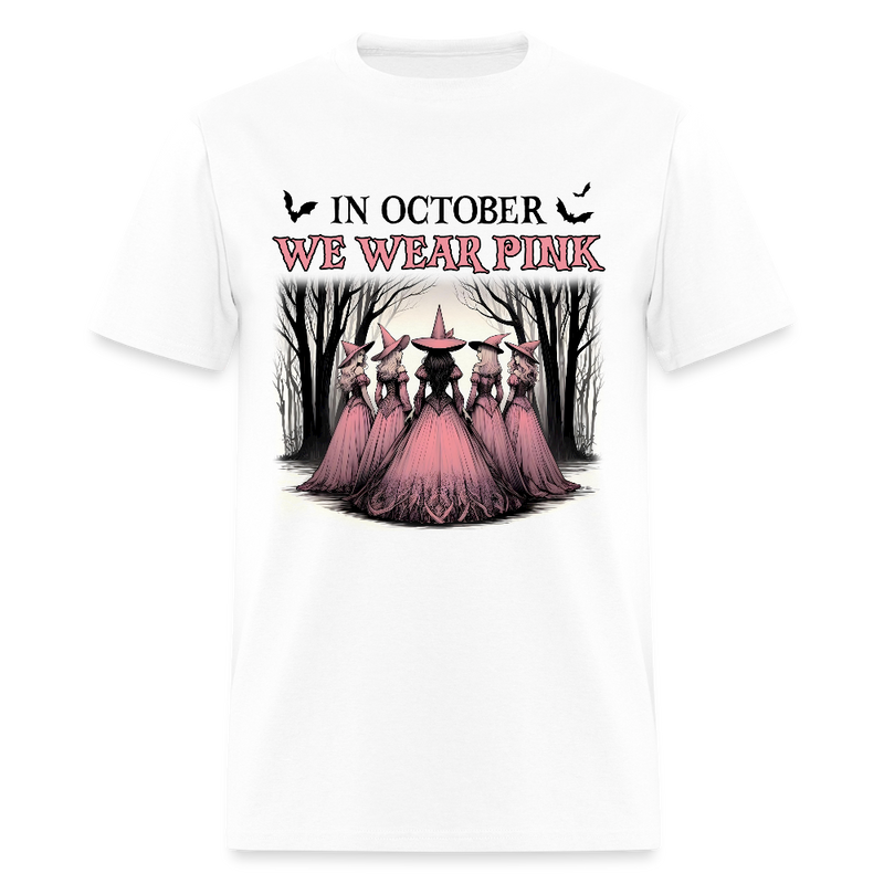 In October We Wear Pink Halloween Witches Breast Cancer Awareness Month T Shirt - white