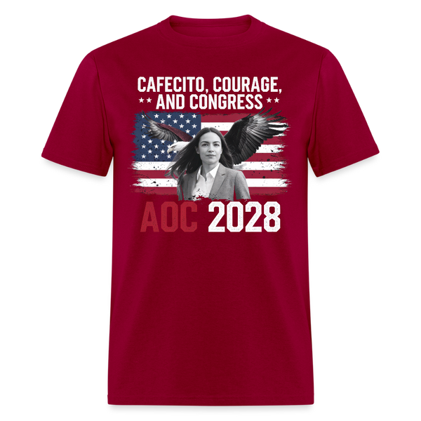 Cafecito Courage and Congress AOC 2028 T Shirt - dark red