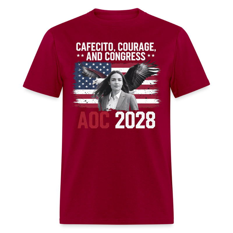 Cafecito Courage and Congress AOC 2028 T Shirt - dark red