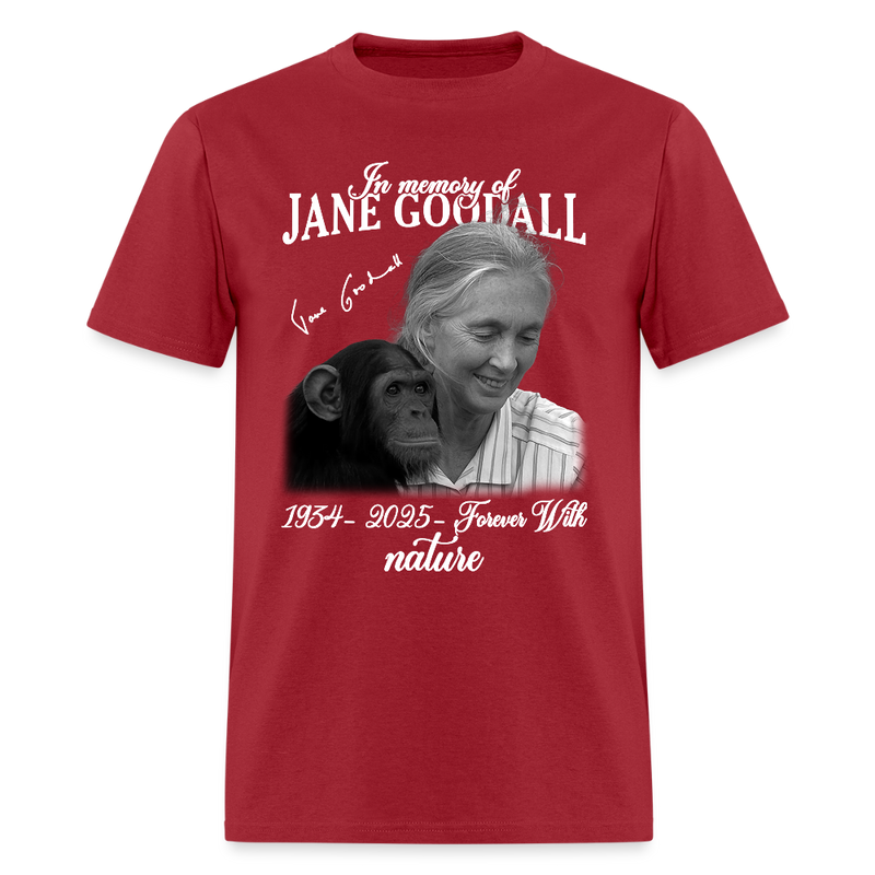 In Memory Of Jane Goodall 1932-2025 Forever With Nature T Shirt - dark red